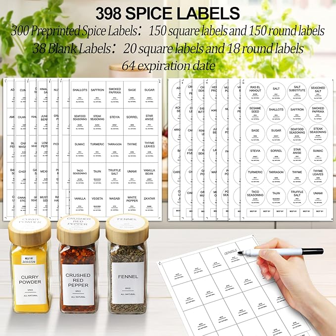 AISIPRIN Glass Spice Jars with 398 Labels, 24 pcs 4oz Spice Containers with Bamboo Lids, Square Spice Bottles With Shaker Lids,Spice Organization for Cabinet,Drawer,Rack,Seasoning Organizer - Image 3