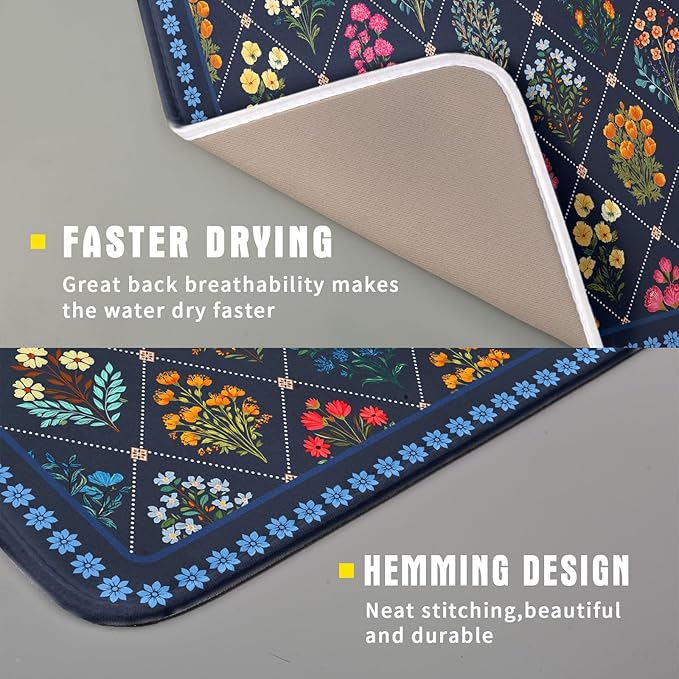 Lapis Blue Dish Drying Mat for Kitchen Counter Flowers Microfiber Absorbent Dish Draining Reusable Washable Small - Image 3