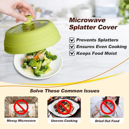 Microwave Splatter cover, Glass Microwave Cover for Food, 11.8 inch Guard Lid with Collapsible Silicone for 6-11 inch Plates & Bowls, Dishwasher Safe, 450°F Heat Resistant, BPA-Free, Green