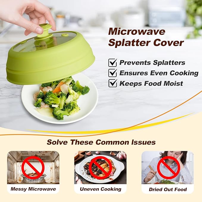 Microwave Splatter cover, Glass Microwave Cover for Food, 10.8 inch Guard Lid with Collapsible Silicone for 6-10 inch Plates & Bowls, Dishwasher Safe, 450°F Heat Resistant, BPA-Free, Green