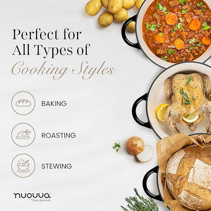 Nuovva Enamelled Cast Iron Dutch Oven Pot with Lid – 6.4 Quart Non Stick Casserole Pot – Heavy Duty & Oven Safe up to 500° F for Bread Baking, Braising, Stews, Roasting – 28cm Black - Image 9