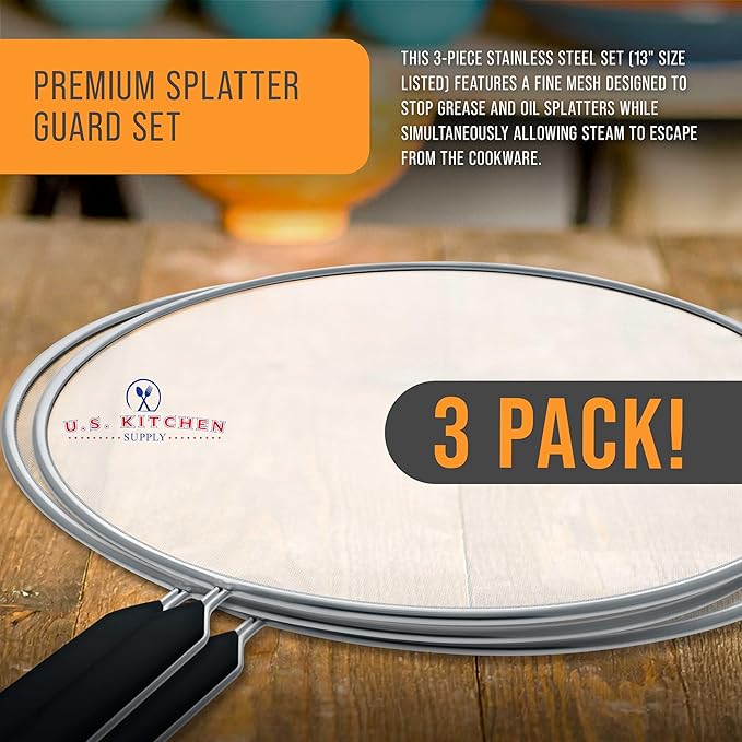 U.S. Kitchen Supply 3-Piece Stainless Steel Splatter Guard Set 13" Fine Mesh Cover, Grease & Oil, Splatter Screen for Frying Pan, Cooking Pots, with Comfort Grip Handles - Image 3