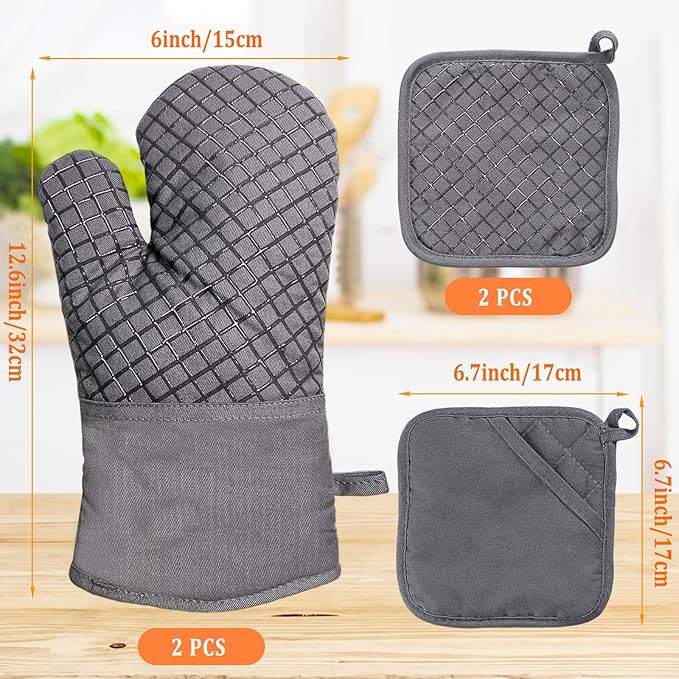 4 Pcs Oven Mitts and Pot Holders,Kitchen Long Oven Glove High Heat Resistant 500 Degree,Extra Thicken Oven Mitts and Potholder with Non-Slip Silicone Surface for Baking,Grilling,Cooking(Grey) - Image 2