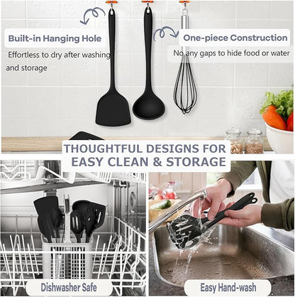 TeamFar Silicone Cooking Utensils, 10 pcs Kitchen Cooking Utensils Set, 446°F Heat Resistant Kitchen Gadgets Tools Set w/Spatula, Turners, Spoons, Soup Ladle, Pasta Server for Nonstick Cookware, Black - Image 6