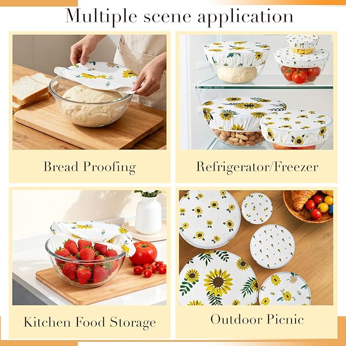 Tirphy 5-Size Reusable Bowl Covers for Bread Proofing - Beeswax Bowl Covers Reusable 4/6/8/10/12 Inch - Elastic Cotton Cloth Sourdough Cover - Shower Caps for Sourdough Bread (Flower style)