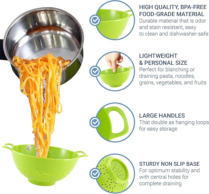 Meadow Lane 6-inch Small Colander, BPA-Free, Dishwasher Safe, Double Handles, Compact Food Strainer for Berries, Veggies and Pasta, 3-Cup Capacity, Green and White, 2-Pack - Image 4