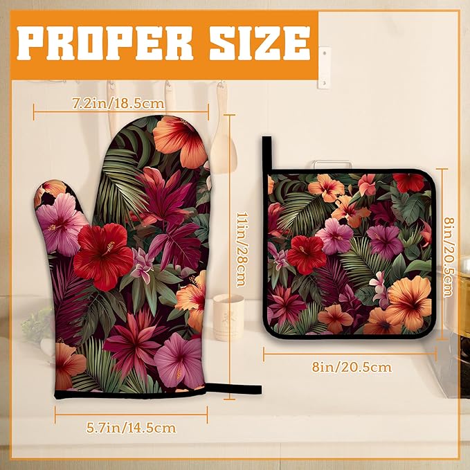 Tropical Palm Leaf Oven Mitts and Pot Holders Set,Hibiscus Kitchen Oven Gloves and Pot Holder with Heat Resistant Non Slip for Cooking Baking Grilling(4 Piece Set)
