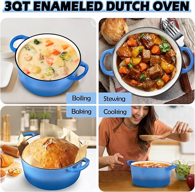 TeamFar 3qt Dutch Oven, Small Enameled Cast Iron Dutch Oven Pot with Lid, For Bread Baking/Stewing/Braising/Frying, Various Stoves & Oven Safe, Non-stick & Easy Clean, Blue - Image 7