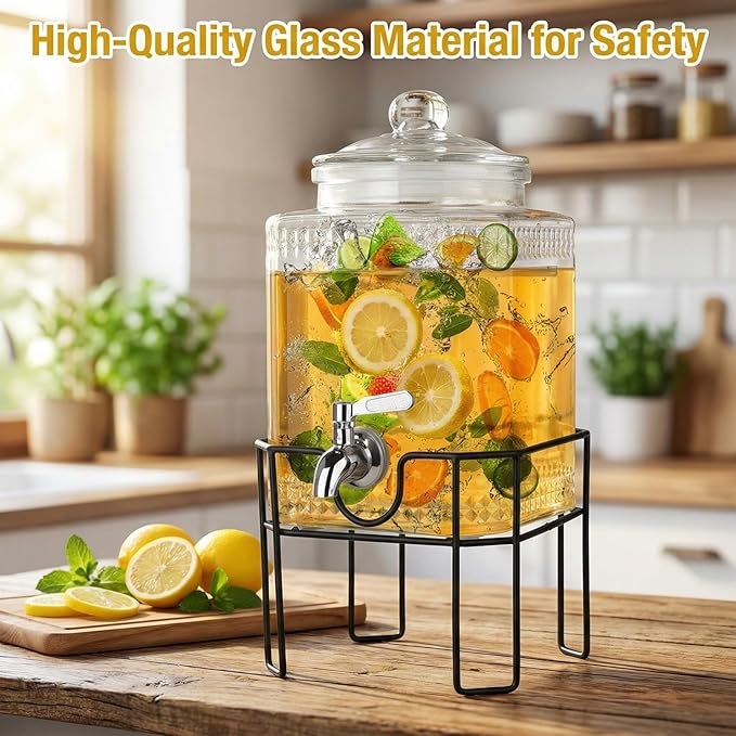 Drink Dispenser, Drink Dispensers for Parties, 1 Gallon Glass Beverage Dispenser with Stand and Glass Lid, 100% Leakproof Spigot, Ideal for Lemonade, Juice, Iced Tea, Laundry Detergent - Image 3