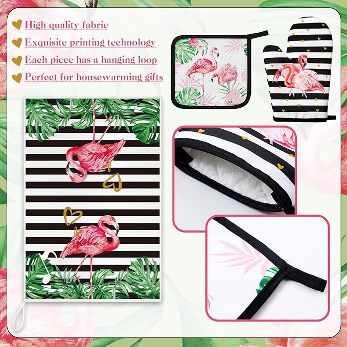 Bencailor 6 Pcs Flamingo Kitchen Towels Oven Mitts and Pot Holders Set Decorative Dish Towels Tea Washcloth Non Slip Heat Resistant Oven Gloves for Summer Home Cooking Baking, Pink - Image 5