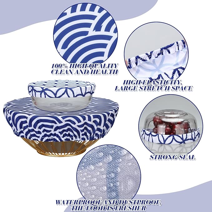 Patelai 10 Pcs Bowl Covers Reusable in 5 Size Stretch Cloth Fabric Elastic Food Storage Bowl Covers Bread Sourdough Lids for Proofing Food Fruits Leftover(Blue White,Stylish Style) - Image 7