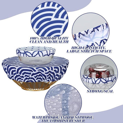 Patelai 10 Pcs Bowl Covers Reusable in 5 Size Stretch Cloth Fabric Elastic Food Storage Bowl Covers Bread Sourdough Lids for Proofing Food Fruits Leftover(Blue White,Stylish Style) - Image 7