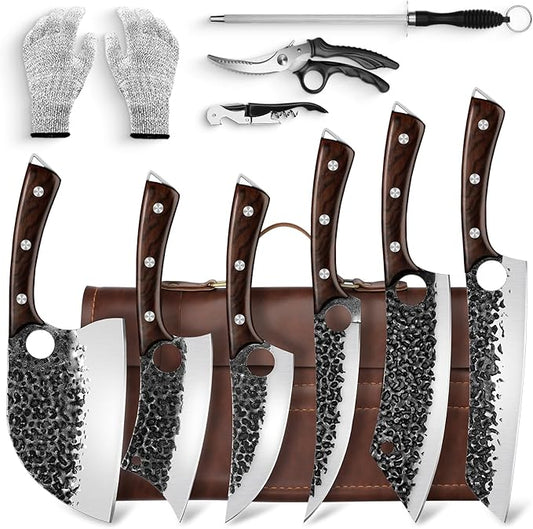 DRGSKL Serbian Chef Knife Set - Hand Forged Knife Set with Bag - Full Tang Kitchen Knives with High Carbon Steel - Meat Cleaver Butcher Boning Knives for Brisket Trimming - Gifts for Mom by ProfessionalKitchenKnife