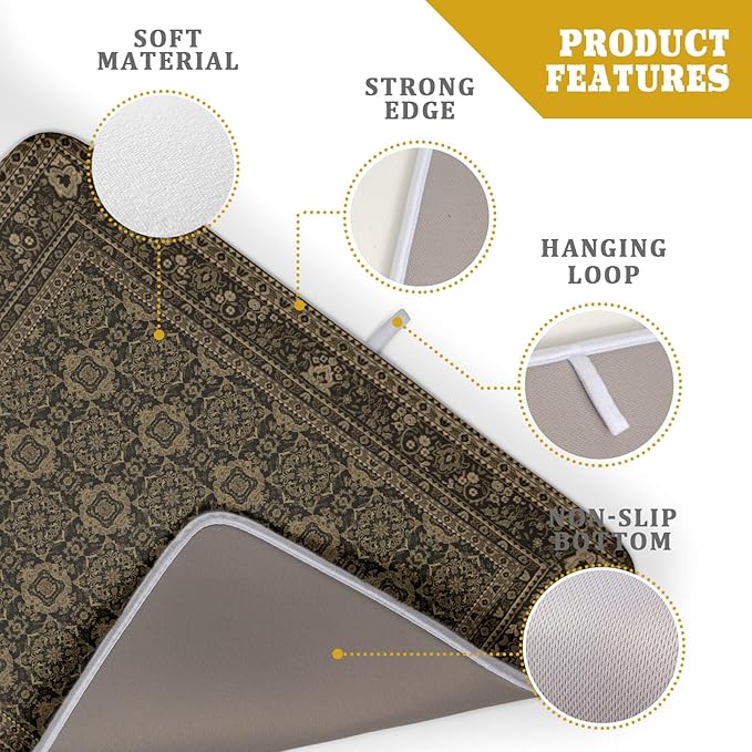 Brown Antique Tabriz Rug Dish Drying Mat for Kitchen Counter,Retro Turkish Vintage Floral Block Print Drying Mat 18 x 24 Inch with Absorbent Reversible Microfiber Drying Pad for Coffee Bar - Image 4