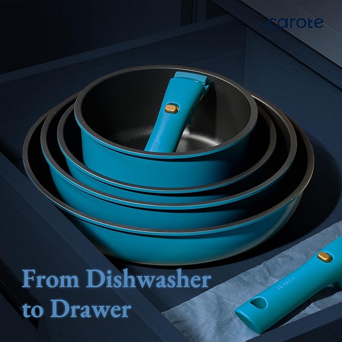 CAROTE 21pcs Pots and Pans Set, Nonstick Cookware Set Detachable Handle, Induction Kitchen Cookware Sets Non Stick with Removable Handle, RV Cookware Set, Peacock Blue - Image 6