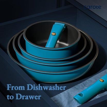CAROTE 21pcs Pots and Pans Set, Nonstick Cookware Set Detachable Handle, Induction Kitchen Cookware Sets Non Stick with Removable Handle, RV Cookware Set, Peacock Blue - Image 6