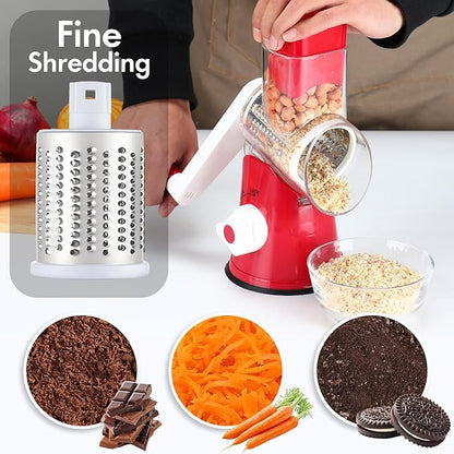 Rotary Cheese Grater Shredder, Speed Kitchen Manual Round Mandolin Slicer Safe Grinder with 3 Interchangeable Blades for Nuts, Carrot, Hashbrown, Garlic, Walnut, Potato, Chocolate (Red) - Image 2