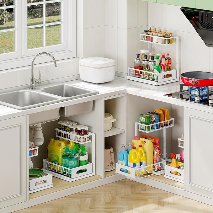 Under Sink Organizer, 2 Pack Cabinet Organizer for Kitchen, Height Adjustable Pull Out Heavy Duty 2 Tier Metal Under Sink Storage for Bathroom Pantry (White, 2 Pack) - Image 6