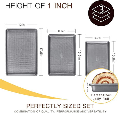 HONGBAKE 3 Pack Nonstick Ceramic Baking Sheet Pan Set for Oven, Non-Toxic Half/Quarter/Jelly Roll Pans with Diamond Texture, 0.8mm Aluminized Steel Cookie Trays for Cooking, Charcoal Gray - Image 5