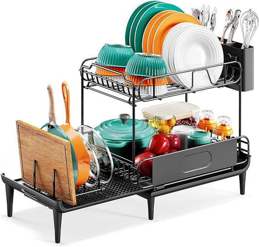 Urackify Dish Drying Rack for Kitchen Counter, Expandable 2 Tier Dish Rack, Large Capacity Dish Drainer with Drainboard Multifunctional Dish Strainer with Removable Cutlery Holder Black by Urackify