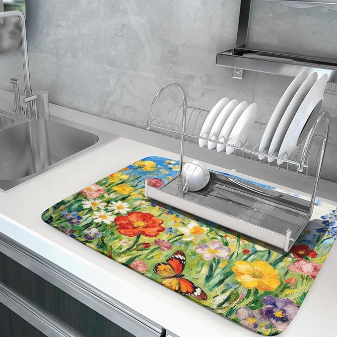 Cute Floral Dish Drying Mat for Kitchen Counter 18x24, Spring Summer Decorative Absorbent Reversible Microfiber Kitchen Countertop Protector Dishes Drainer Pad, Watercolor Flower Butterfly - Image 5