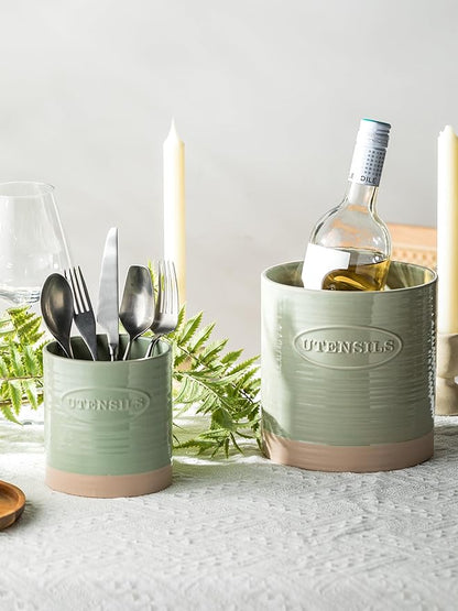 YHOSSEUN Kitchen Utensil Holder, 6.7"+5.1" Ceramic Utensil Holder for Kitchen Counter, Oval Cooking Utensil Crocks for Countertop, Utensil Storage Organizer Set of 2, Green - Image 5