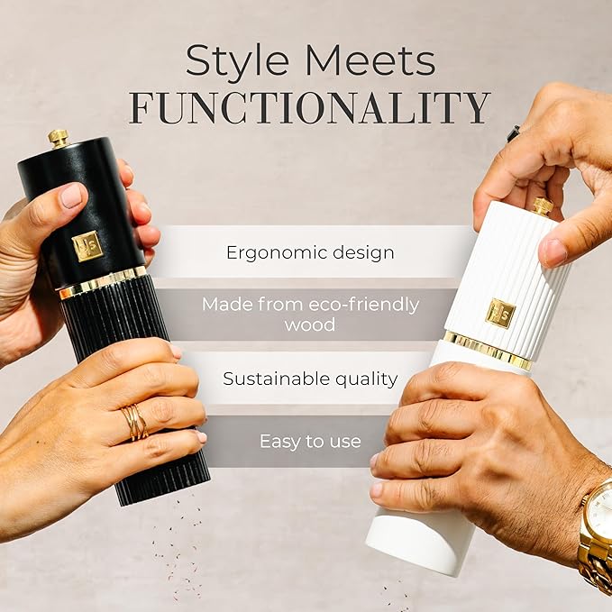 Wooden Salt and Pepper Grinder Set – Refillable Manual Salt and Pepper Mills with Adjustable Ceramic Burrs, Gold Detailing, and Wood Stand – Black and White - Image 5