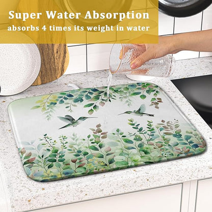 Giwawa Hummingbird Dish Drying Mat for Kitchen Countertop, Spring Summer Sage Green Eucalyptus Leaves Dish Drainer Mats, Herb Botanical Microfiber Dish Drying Pad Home Decor, 16"x18", Small