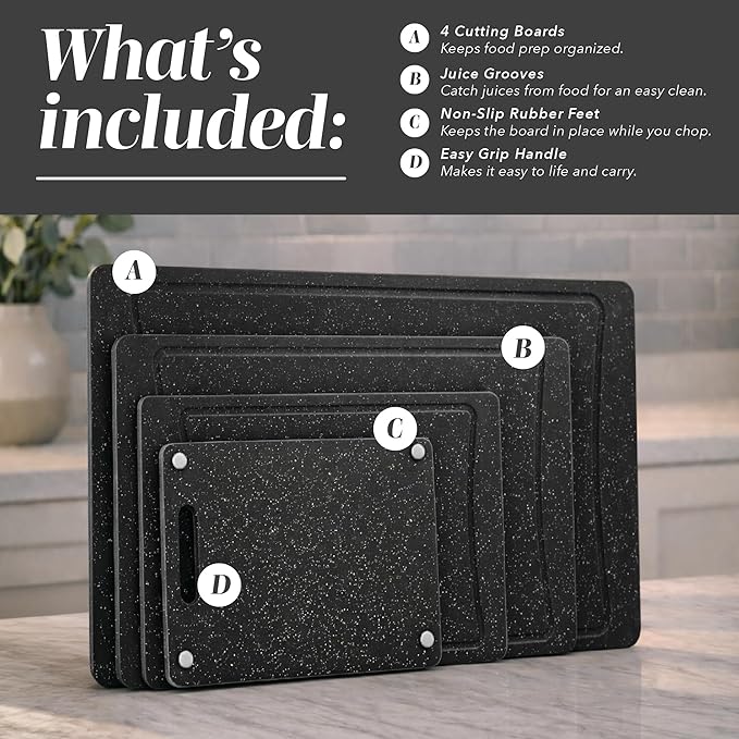 COOK WITH COLOR Non-Slip Cutting Board Set – Kitchen Essentials with Easy Grip Handle for Meat, Veggies, and Fruits, 4 Cutting Boards, Black - Image 2
