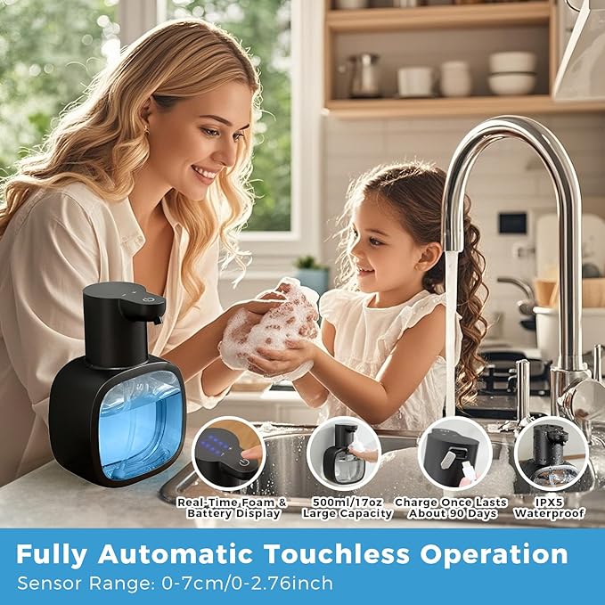 Automatic Foaming Soap Dispenser, 17oz/500ml Touchless Rechargeable with 4-Level Adjustable & IPX5 Waterproof - Level Display for Wall/Tabletop Use in Bathroom, Kitchen, Black - Image 2