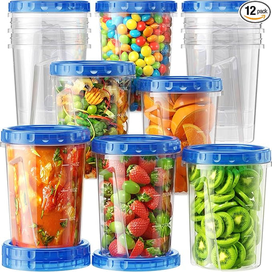 BiuLeon 12 Pack-34 oz Freezer Storage Containers, Plastic Food Storage Containers with Twist Top Lids, BPA Free and Reusable Soup Containers with Lids, Leakproof/Microwave/Dishwasher Safe by Unknown