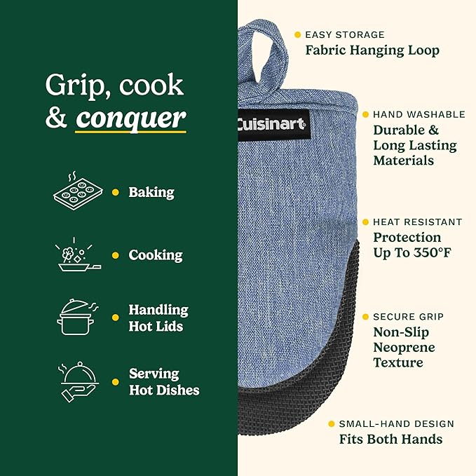 Cuisinart Mini Oven Mitts – 5.5” x 7” Heat-Resistant Kitchen Mitts for Oven with Non-Slip Neoprene Palm, Cotton Filling, and Fabric Loop – Durable Oven Mitt Set for Cooking & Baking (Chambray) - Image 5