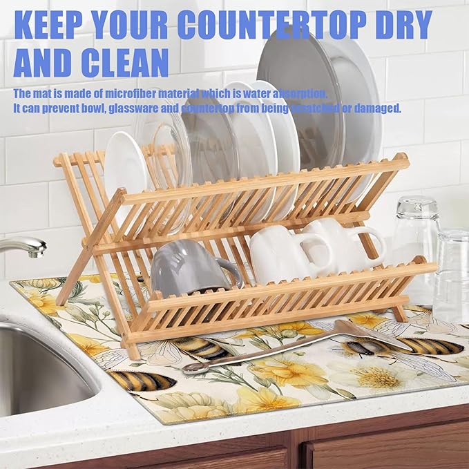 Watercolor Bee Floral Dish Drying Mat for Kitchen Counter Drying Pad Absorbent Reversible Dish Drainer Rack Mats Draining Pad 18"x24"Inch - Image 5