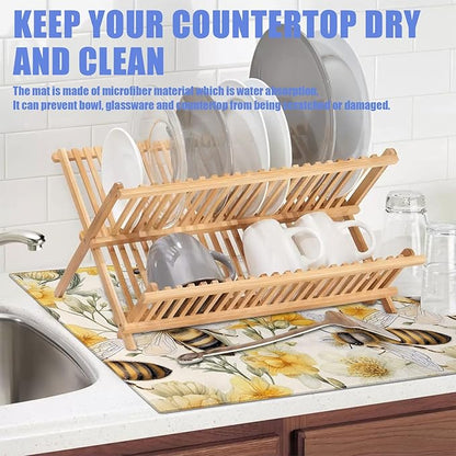 Watercolor Bee Floral Dish Drying Mat for Kitchen Counter Drying Pad Absorbent Reversible Dish Drainer Rack Mats Draining Pad 18"x24"Inch - Image 5