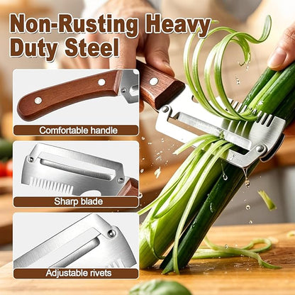2 Pack 3-in-1 Multifunctional Vegetable Peeler with Wooden Handle - Potato Peeler with Julienne Slicer & Bottle Opener, Stainless Steel Blade, Right Handed Kitchen Tool