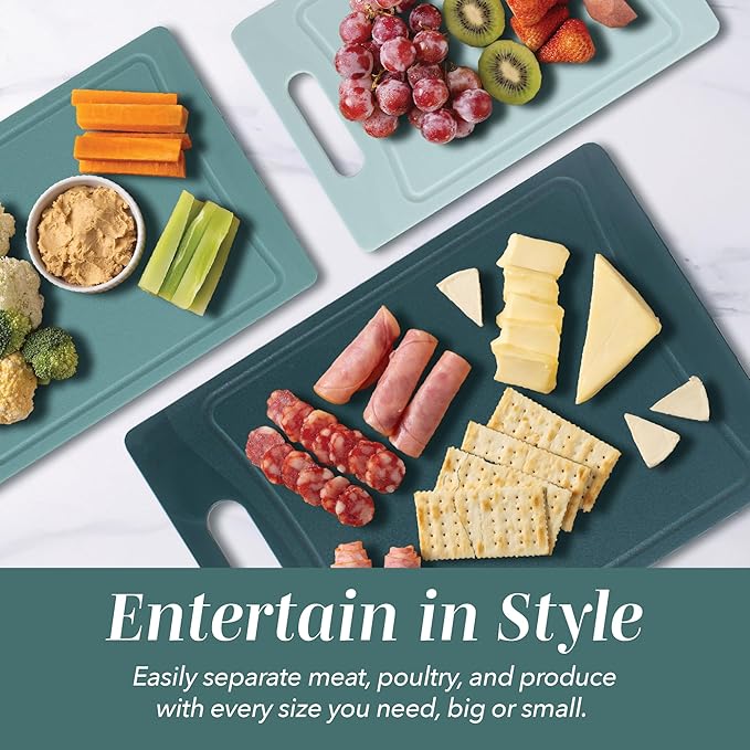 COOK WITH COLOR Non-Slip Cutting Board Set – Kitchen Essentials with Easy Grip Handle for Meat, Veggies, and Fruits, 3 Cutting Boards, Teal - Image 6