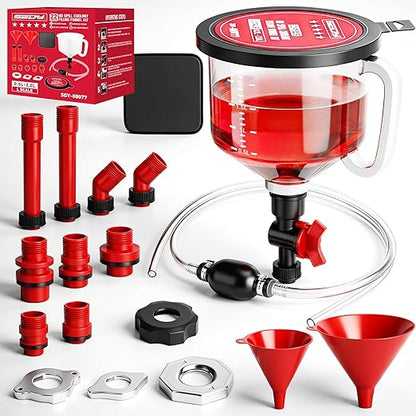 22-Piece No-Spill Coolant Filling Funnel Kit and Siphon Hose Pump, Radiator Coolant Filling Spill-Proof Funnel Kit with Adapters, Extensions, PVC Hose, Engine Oil Funnels, Towel for Universal Vehicle by SEDY