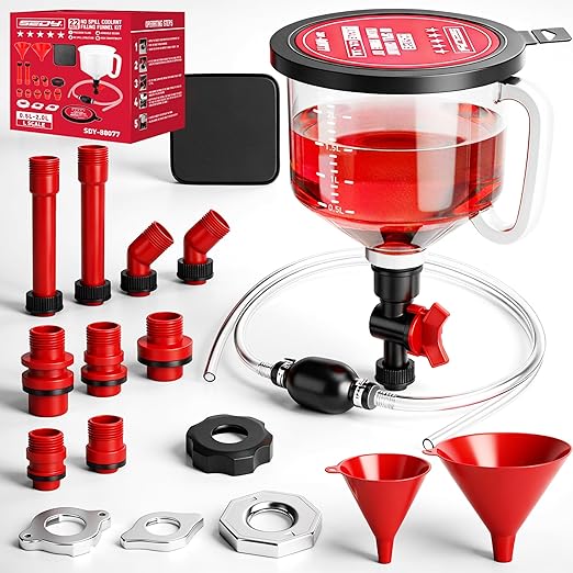22-Piece No-Spill Coolant Filling Funnel Kit and Siphon Hose Pump, Radiator Coolant Filling Spill-Proof Funnel Kit with Adapters, Extensions, PVC Hose, Engine Oil Funnels, Towel for Universal Vehicle by SEDY