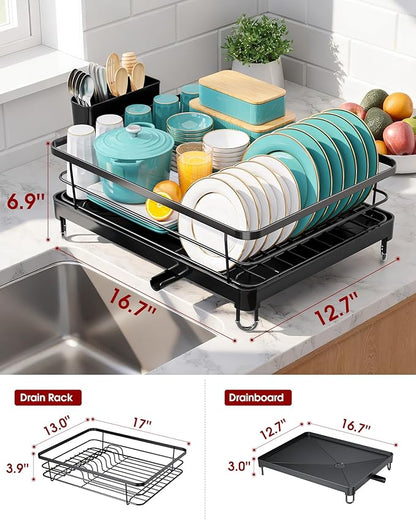 Sakugi Stainless Steel Dish Drying Rack for Kitchen Counter, Sink Organization and Storage Essentials with Silverware & Utensil Holder, Home and Apartment Decor, 12.5''W x 16.5'L, Black - Image 2