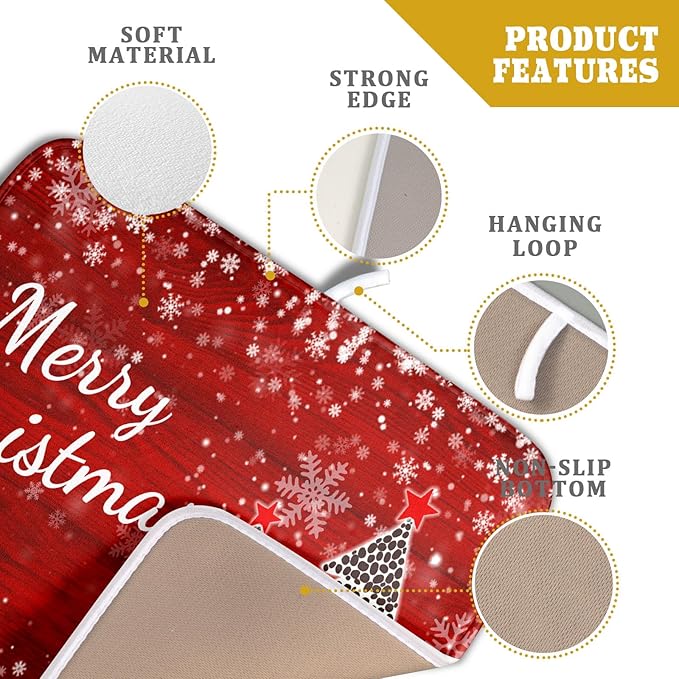 Merry Christmas Tree Red Dish Drying Mat for Kitchen Counter,Winter Snowflake Pine Drying Mat 16 x 18 Inch with Absorbent Reversible Microfiber Dish Drying Pad for Coffee Bar - Image 4