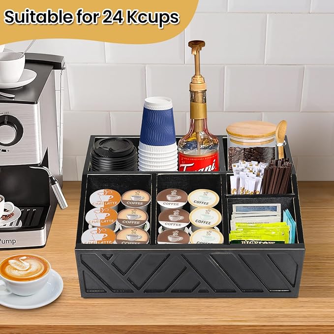 ugiftt Coffee Station Organizer for Counter, Wood Coffee Pods Holder Storage Basket, Tea Condiment Storage Organizer, Rustic Bar Decor for Accessories Organizer - Image 2