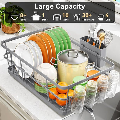 TOOLF Dish Drying Rack, Dish Racks for Kitchen Counter, Stainless Steel Sink Organization and Storage Essentials with Cutlery Holder, Dish Drainer, Home and Appartment Decor, 12.4''W x 16.5''L, Gray