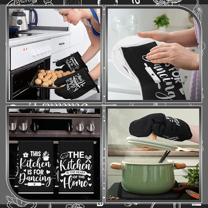 12 Pcs Farmhouse Kitchen Decor and Accessories Sets 4 Black Kitchen Towels 4 Absorbent Dishcloths 2 Pot Holders 2 Oven Mitts Gloves for Home Decorations Mom Gifts