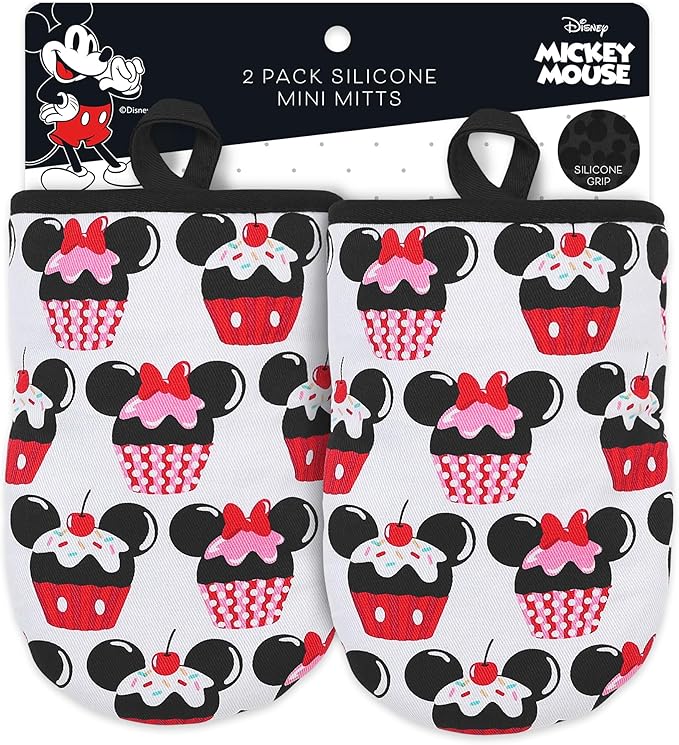 Disney Oven Mitts 2-Pack - 5.5” x 7.5” Heat-Resistant Mini Oven Mitts with Non-Slip Printed Silicone Disney Silhouettes - Pot Holders for Kitchen - Mickey & Minnie, Stitch, Winnie the Pooh