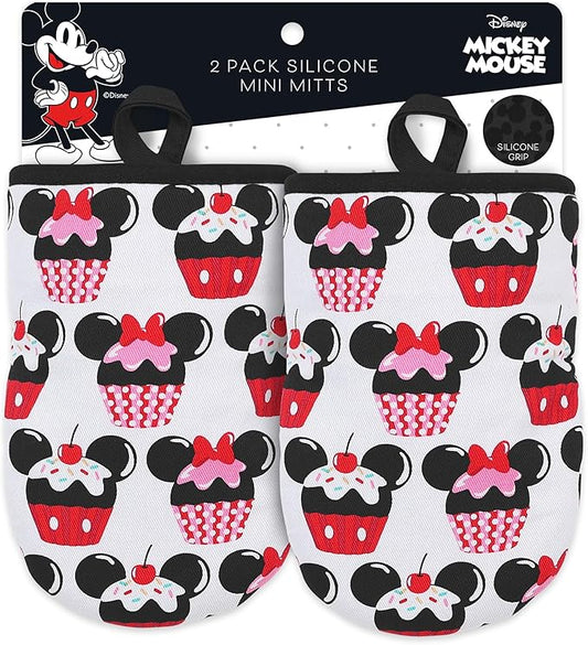 Disney Oven Mitts 2-Pack - 5.5” x 7.5” Heat-Resistant Mini Oven Mitts with Non-Slip Printed Silicone Disney Silhouettes - Pot Holders for Kitchen - Mickey & Minnie, Stitch, Winnie the Pooh