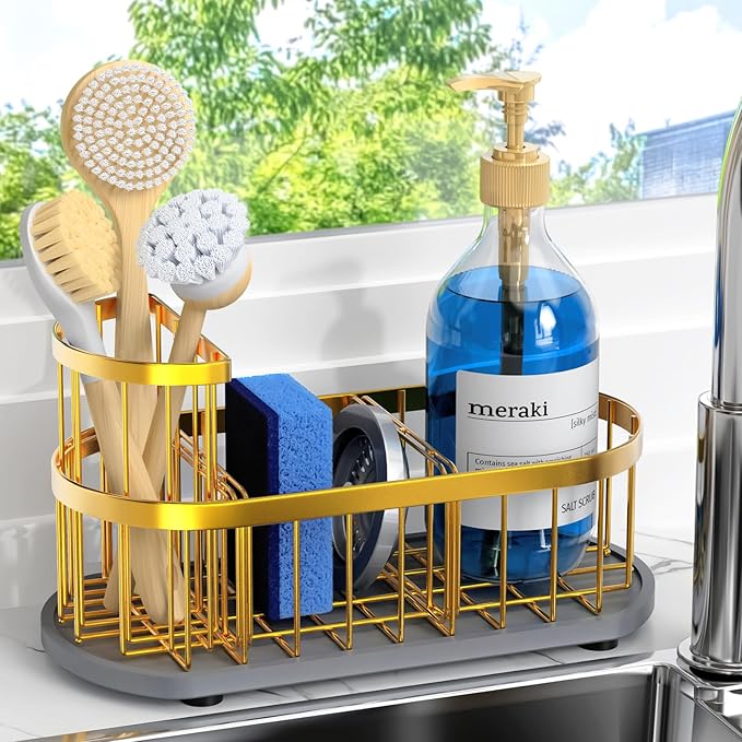 Sponge Holder for Kitchen Sink with High Brush Holder, [Stay-Dry Anywhere & No Drainage Needed] Rustproof Stainless Steel Kitchen Sink Caddy Organizer with Water Absorbing Stone Tray, Gold by HOKEMOM