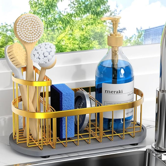 Sponge Holder for Kitchen Sink with High Brush Holder, [Stay-Dry Anywhere & No Drainage Needed] Rustproof Stainless Steel Kitchen Sink Caddy Organizer with Water Absorbing Stone Tray, Gold by HOKEMOM