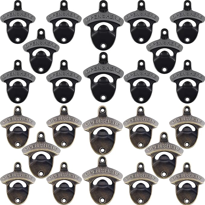 24 PCS Bulk Wall Mounted Bottle Opener, Black and Bronze Top Opener Wall Mount for Kitchen Bar Hotel