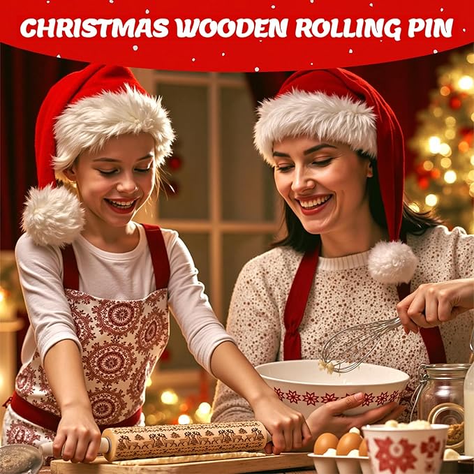 Stocking Stuffers Gifts for Women, Wooden Embossed Rolling Pin for Baking, Deep Engraved Embossing Rolling Pins with Christmas Elk Deer Pattern Designs for Baking Cookies Stamps Roller, DIY Tools - Image 2