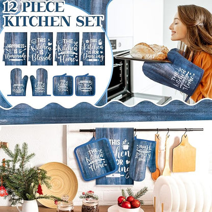 Leinuosen 8 Pcs Farmhouse Kitchen Decor Towels and Oven Mitts Sets Pot Holders Dishcloths Set Kitchen Decorative Accessories Absorbent Potholders Heat Resistant for Chef Baking Cooking - Image 2